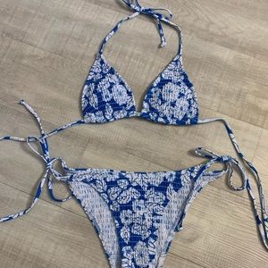 blue and white floral string bikini